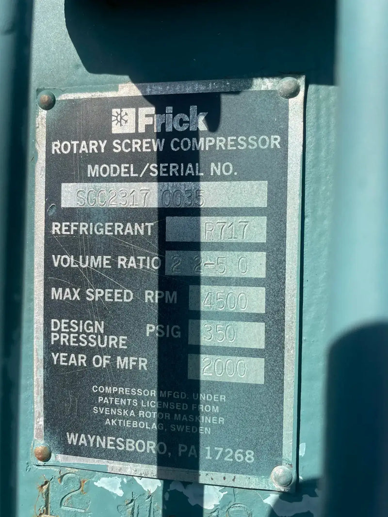 Frick RWF-222 B Rotary Screw Compressor Package (Frick SGC2317, 175 HP 460 V, Frick Quantum HD Control Panel)