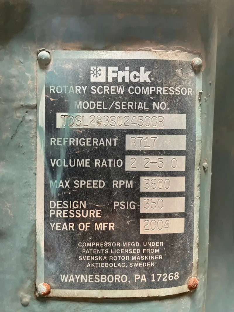 Frick RDB-316 Rotary Screw Compressor Package (Frick TDSL283S, 250 HP 460 V, Frick Micro Control Panel)