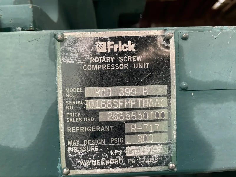 Frick RDB 399B Rotary Screw Compressor Package (Frick TDSL283L, 300 HP 460 V, Micro Control Panel)