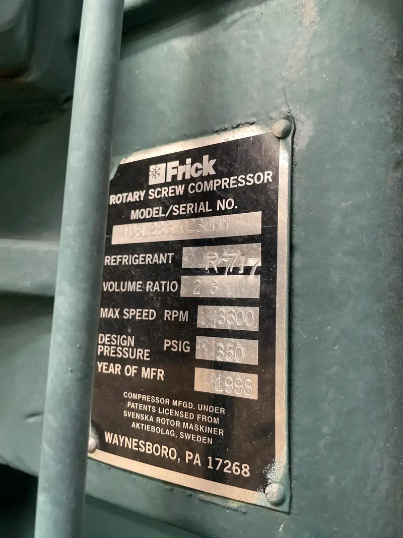 Frick RDB 399B Rotary Screw Compressor Package (Frick TDSL283L, 300 HP 460 V, Micro Control Panel)