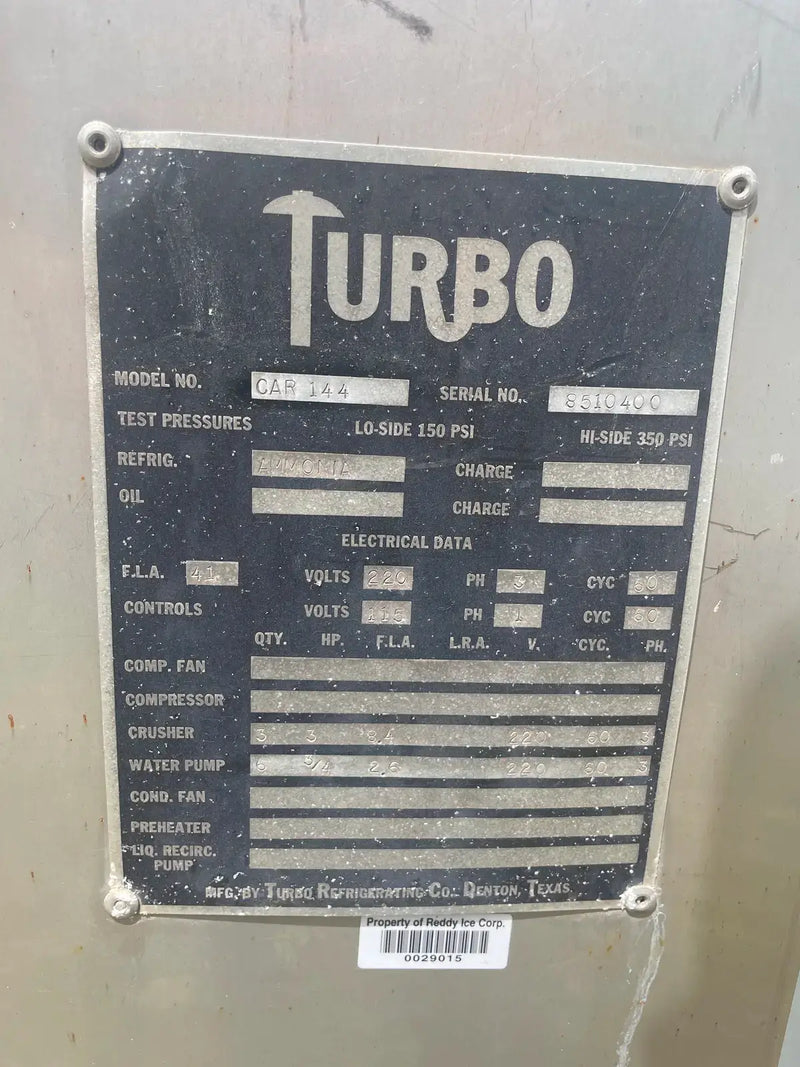 Turbo Ice CAR-144 Plate Ice Maker (Ammonia|R-717) Refrigeration, 70 Ton Day)