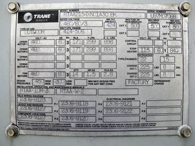 1997 Trane Air Cooled Liquid Chiller- 215 Tons Trane 