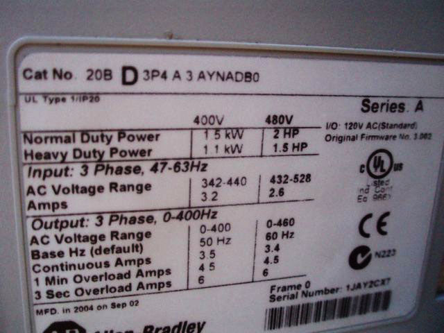 2004 Rockwell Automation / Allen Bradley Variable Frequency Drive – 2 HP Rockwell Automation/Allen Bradley 