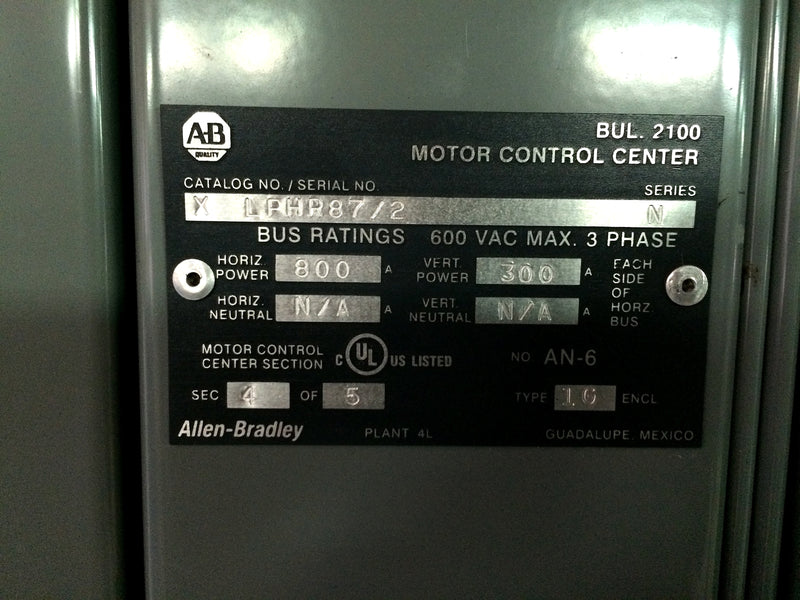 Allen Bradley Centerline 2100 MCC Control Panel Allen-Bradley 