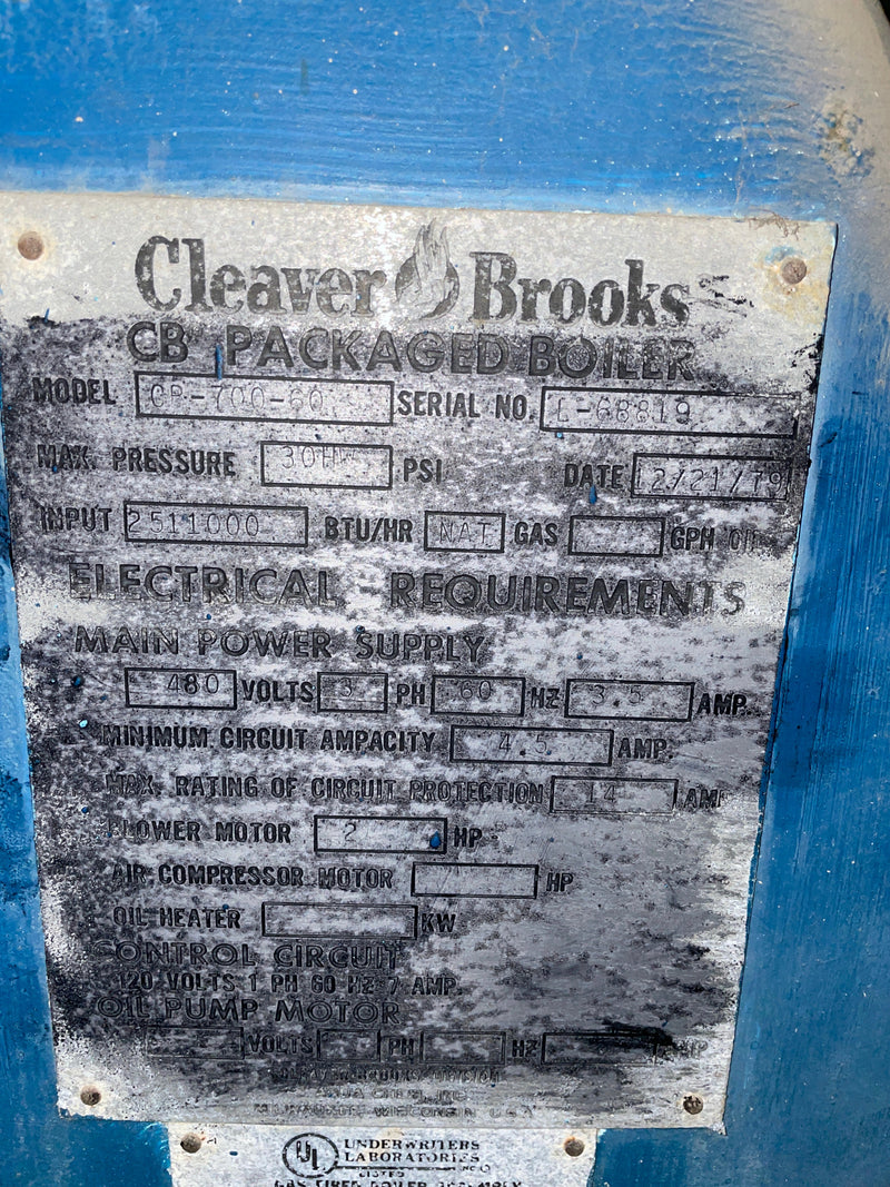 Cleaver Brooks CB-Packaged Firetube Hot Water Boiler- 60 HP Cleaver Brooks 