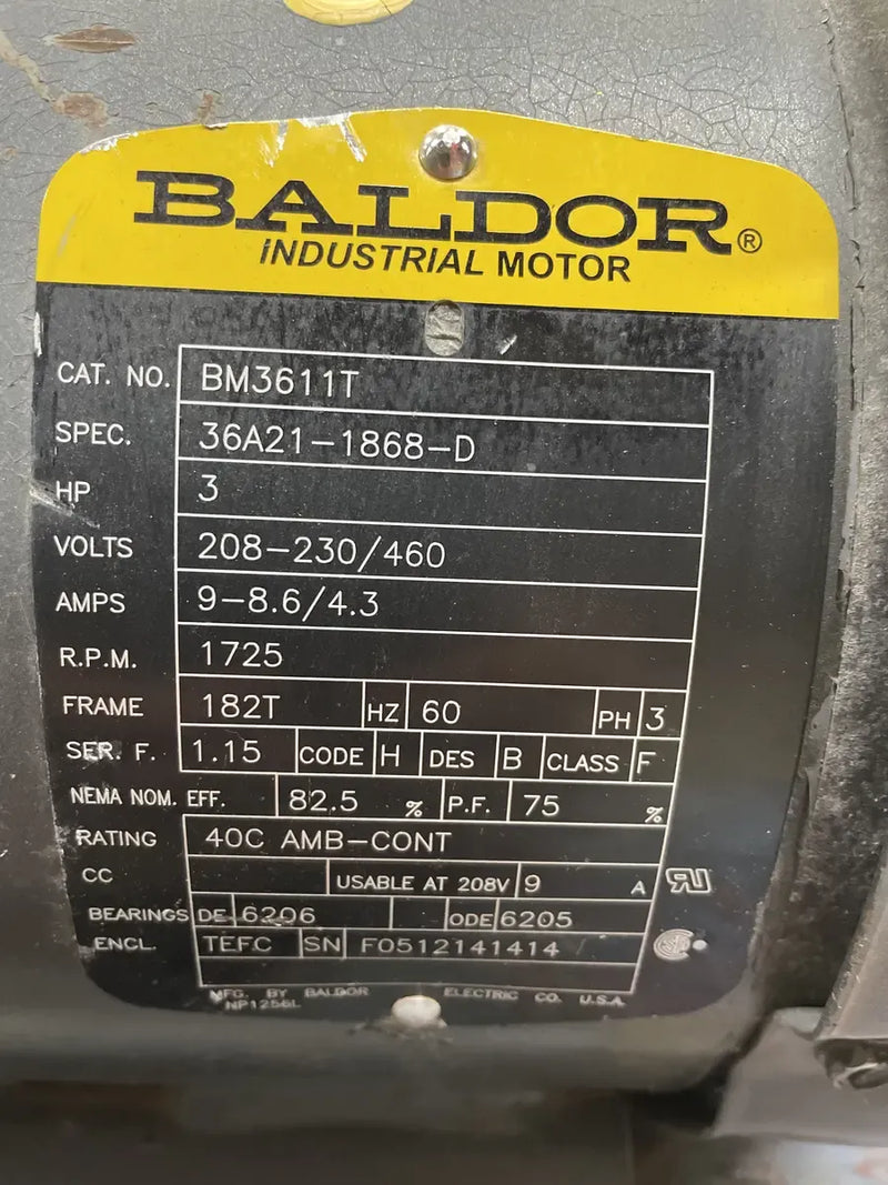 Baldor BM3611T Motor (3 HP, 1725 RPM, 208-230/460 V)