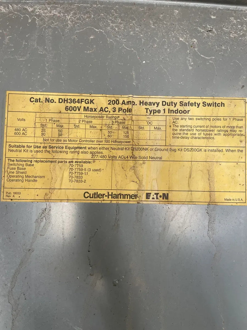 Cutler-Hammer DH364FGK Heavy Duty Safety Switch