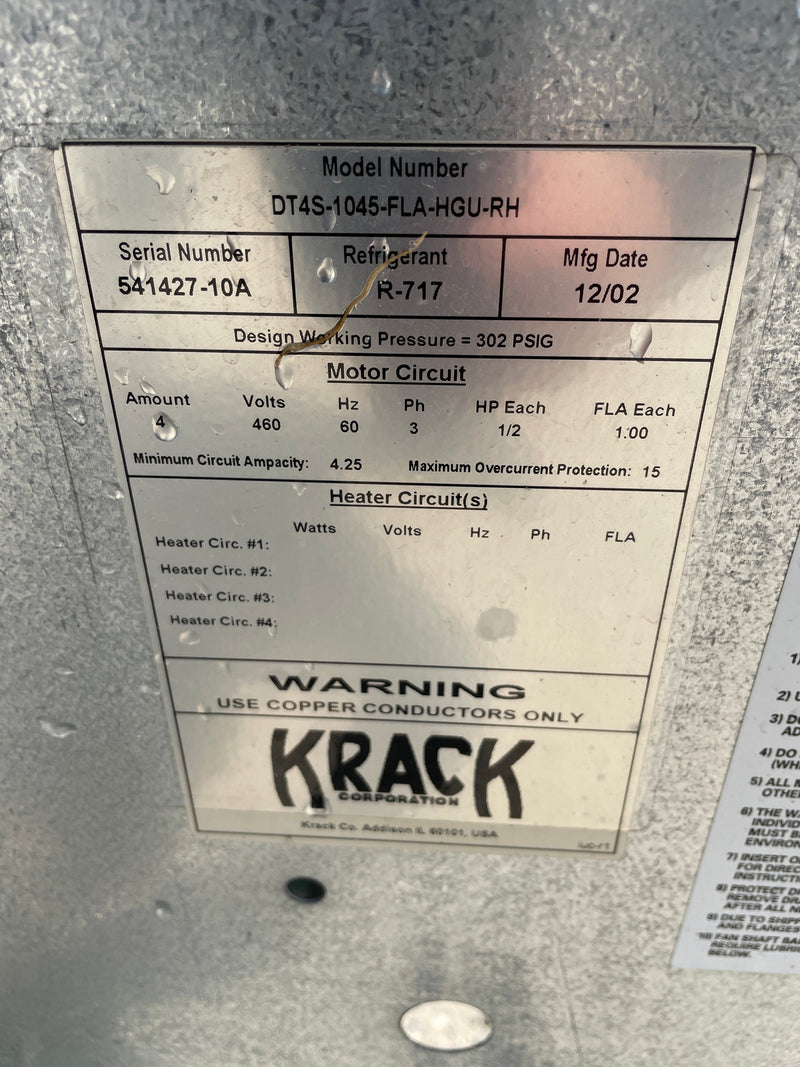 Krack DT4S-1045-FLA-HGU-RH 4-Fan Ammonia Evaporator Coil- 13 TR 4 Fans (Low Temperature) Krack 