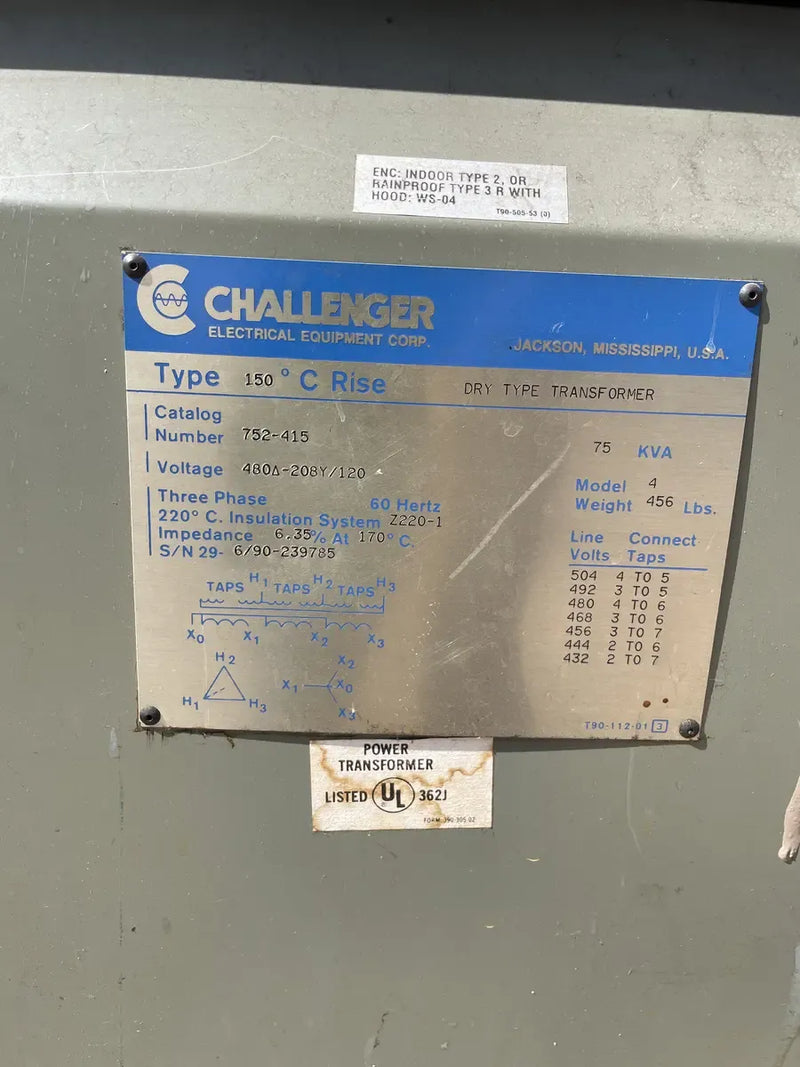 Challenger Electrical Dt Transformer ( 75 kVa, 3 PH, 480/208 Volts )