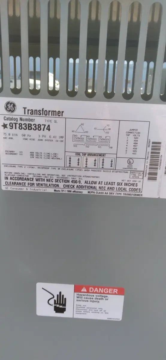General Electric Transformer ( 75 KVA, 3 Ph, 480/208 Volts )