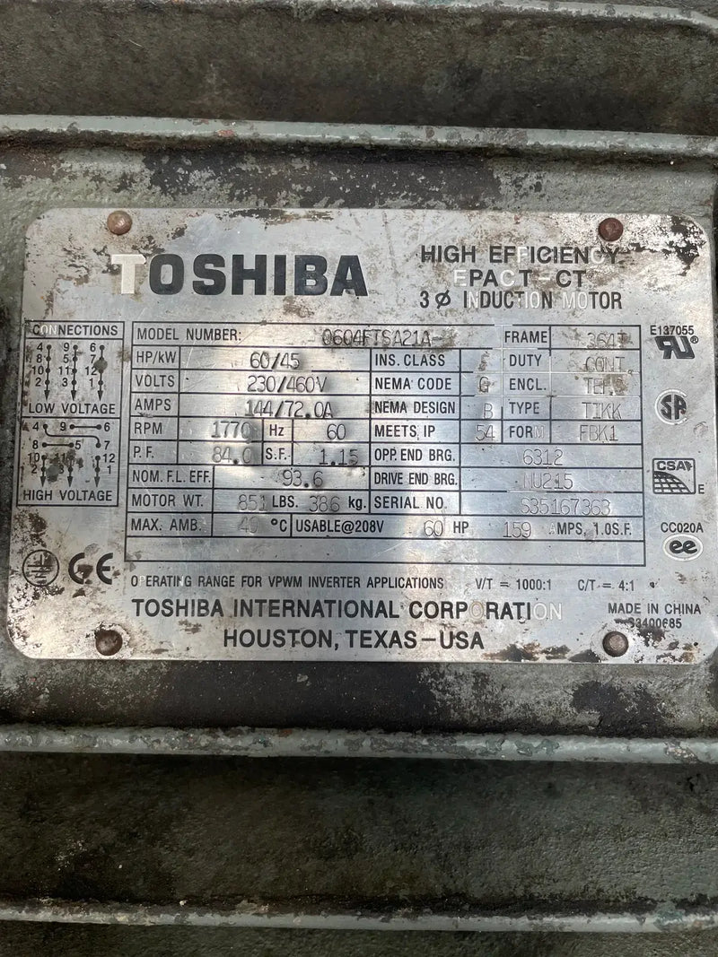 Toshiba 0604FTSA21A Motor (60 HP, 1,770 RPM, 230/460 V)