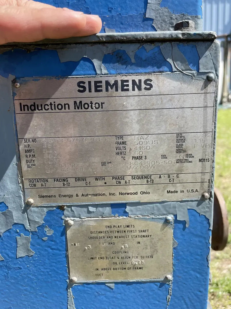 Siemens Screw Compessor Motor (450 HP, 3570 RPM, 4160 V)