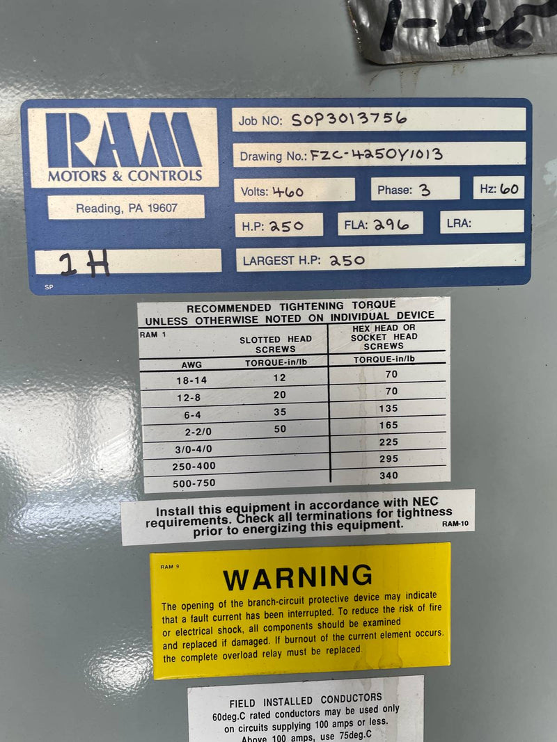 Ram Industries Screw Compressor Motor Starter (250 HP)