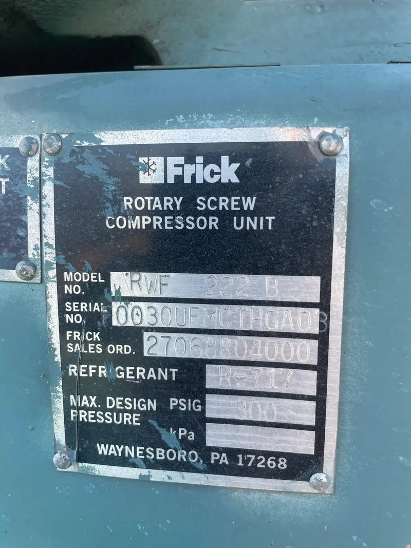 Paquete de compresor de tornillo rotativo Frick RWF-222 B (Frick SGC2317, 175 HP 460 V, panel de control Frick Quantum HD)