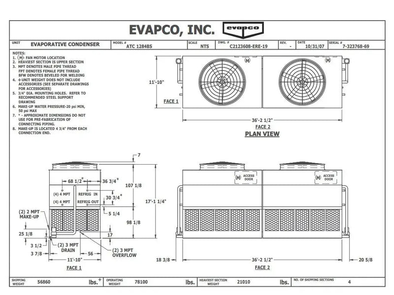 Evapco ATC-1284B Evaporative Condenser (642 Nominal Tons,1-15 HP Motor)
