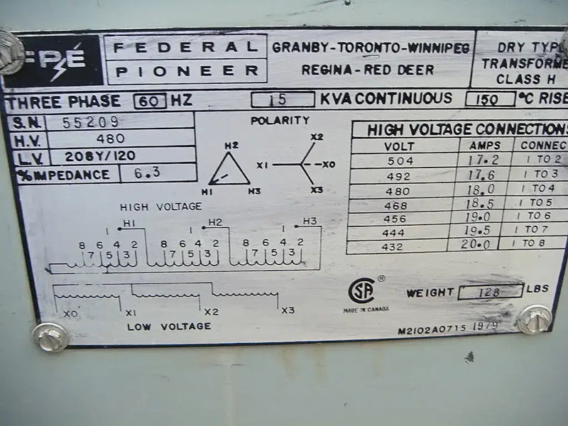 Transformador tipo seco Federal Pioneer de 15 KVA