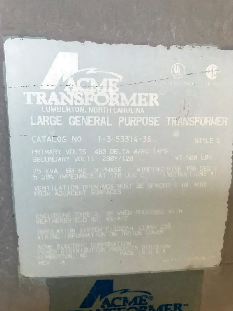 Transformador eléctrico ACME (75 KVA, trifásico, 480/208 voltios)