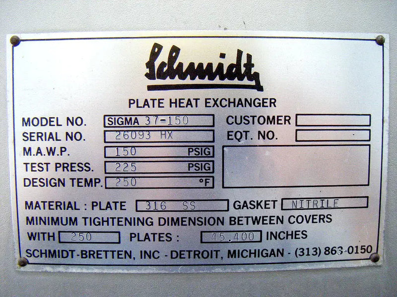 Intercambiador de calor de placas Schmidt-Bretten - 938,3 pies cuadrados Pie.