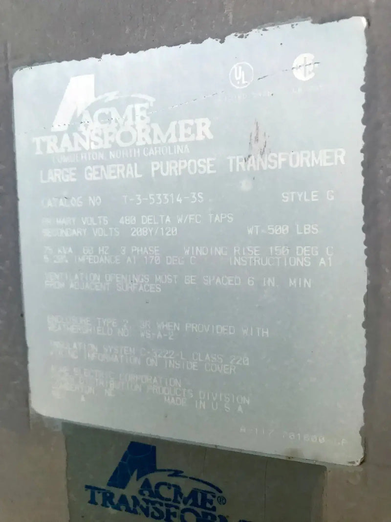Transformador eléctrico ACME (75 KVA, trifásico, 480/208 voltios)
