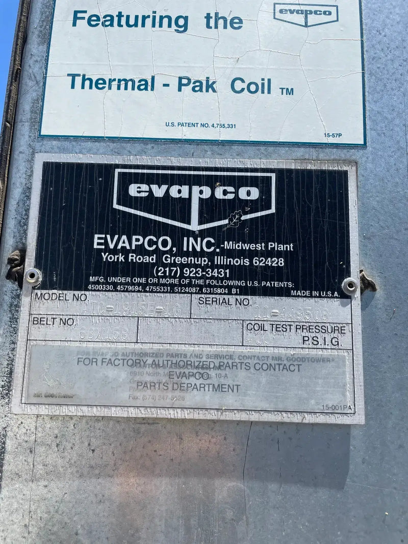 Paquete de condensador evaporativo Evapco ATC-1915E-1G (paquete de 1,925 toneladas nominales, 4 motores, 2 unidades de torre)