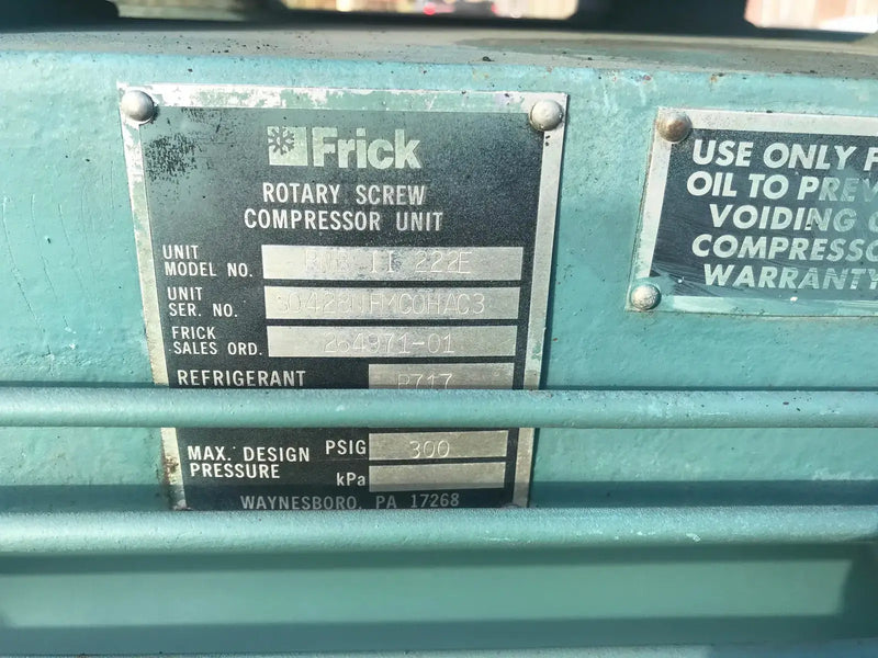 Frick RWB-II-222-E Rotary Screw Compressor Package (MISSING COMPRESSOR, MISSING MOTOR, MISSING MICRO PANEL)
