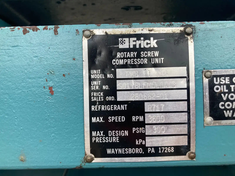 Paquete de compresor de tornillo rotativo Frick (Frick RWB-II-316, MOTOR FALTANTE, panel de microcontrol GEA)