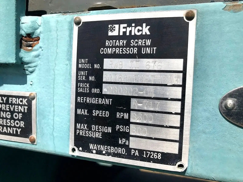 Paquete de compresor de tornillo rotativo Frick RWB-II-676 (Frick TDSH355L, 500 HP 4160 V, panel de control Frick Micro)