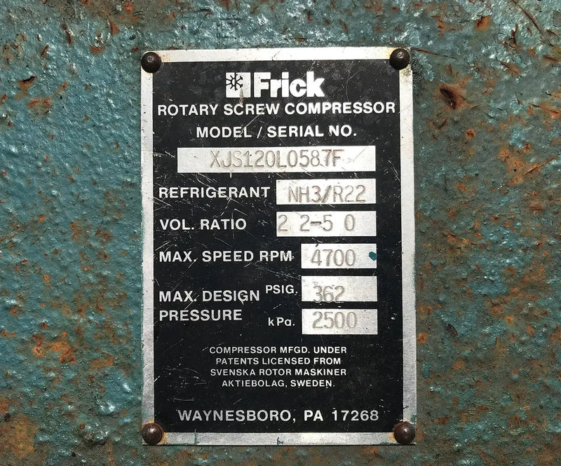 Frick RXB-39 Rotary Screw Compressor Package (Frick XJS120L, 100 HP 208-230/460 V, Frick Micro Control Panel)