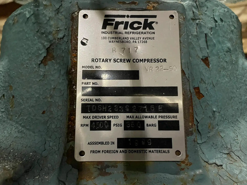 Frick RWB-II-177B Rotary Screw Compressor Package (Frick VR22-50, 150 HP, 250/460 V, MISSING CONTROL PANEL)