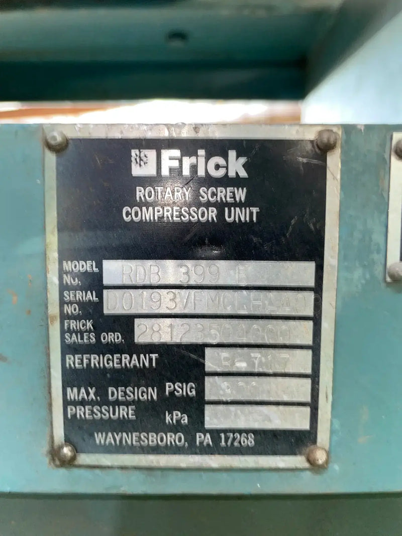 Frick RDB-399B Rotary Screw Compressor Package (Frick TDSL283L, 300 HP 460V, Frick Quantum HD Control Panel)