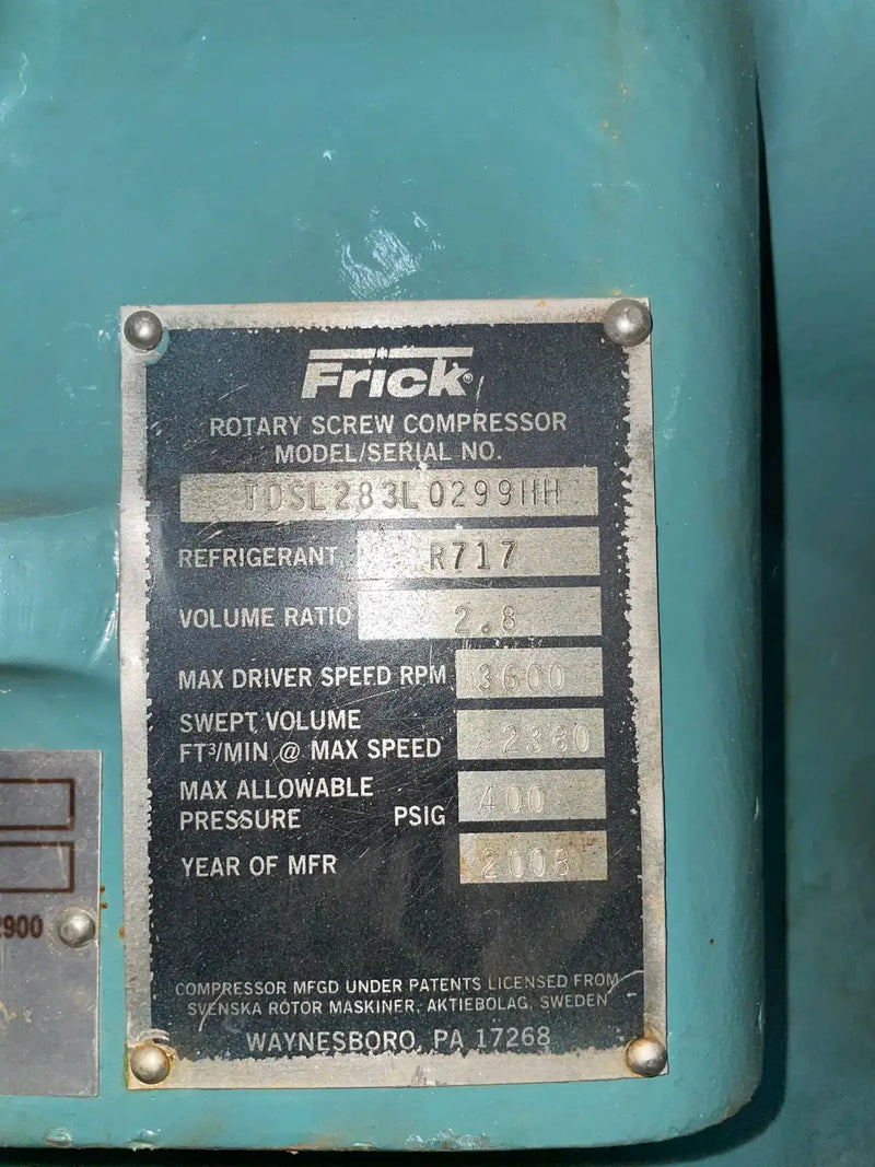 Frick RDB-399B Rotary Screw Compressor Package (Frick TDSL283L, 300 HP 460V, Frick Quantum HD Control Panel)