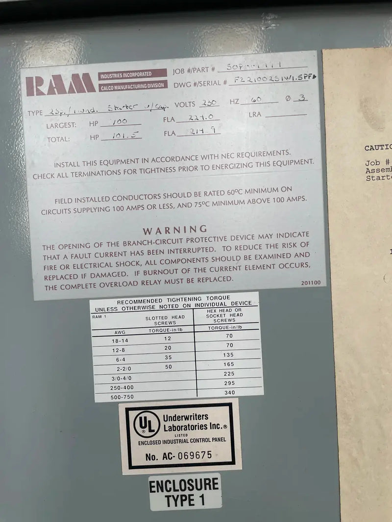 Ram Industries Screw Compressor Motor Starter (100 HP, 230 Volts)