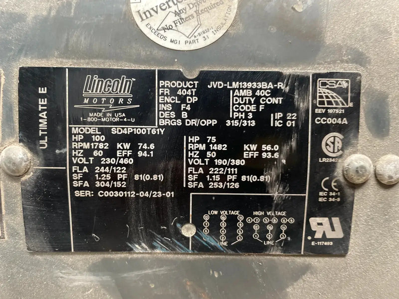 Lincoln SD4P100T61Y Motor (100 HP, 1,782 RPM, 230/460 V)