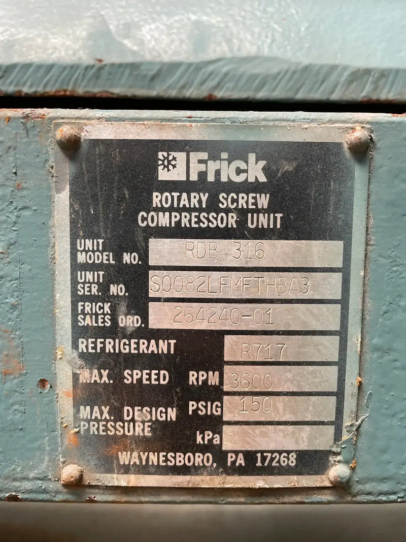 Paquete de compresor de tornillo rotativo Frick RDB-316 (Frick TDSL283S, 250 HP 460 V, panel de control Frick Micro)