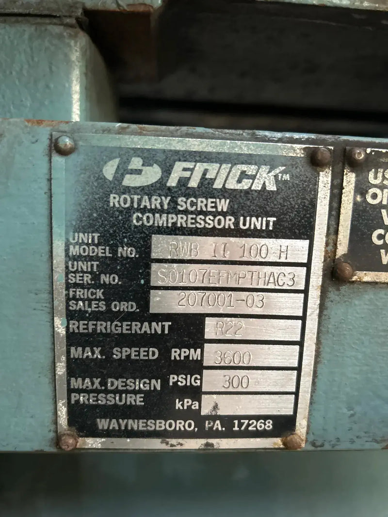 Frick RWB-II-100H Rotary Screw Compressor Package (Frick TDSH193S, 200 HP 230/460 V, Frick RWB II Plus Micro Control Panel)