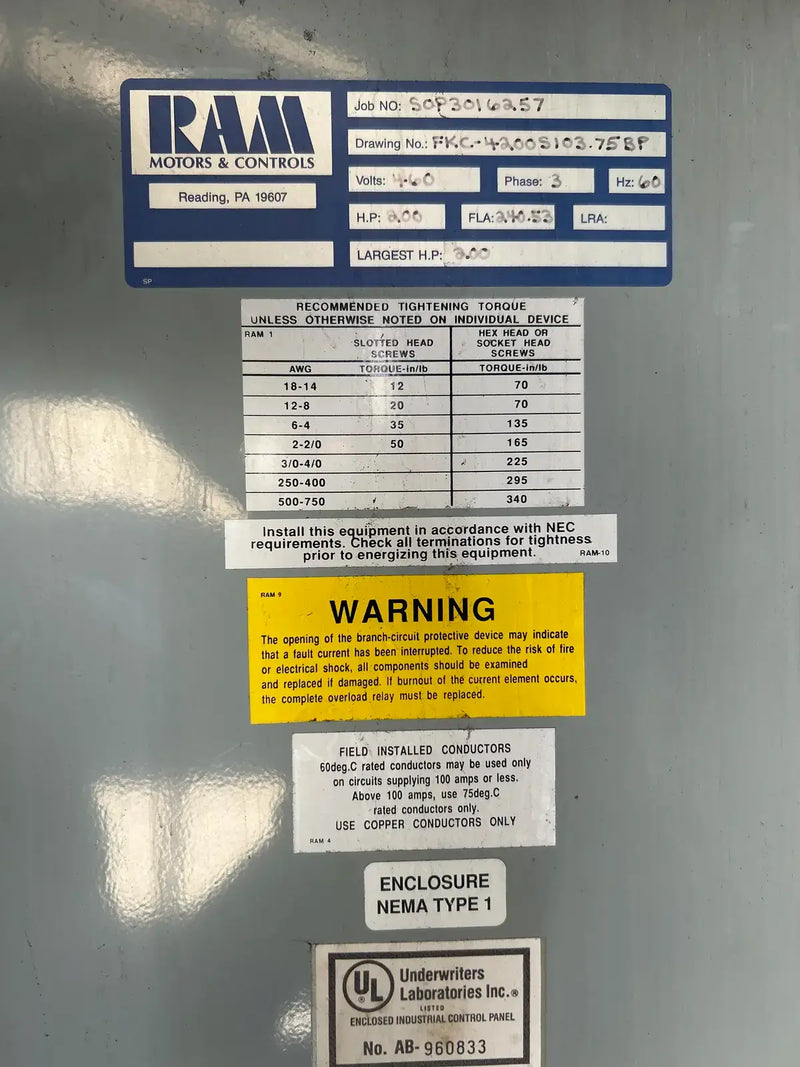 Ram Industries Screw Compressor Motor Starter (200 HP, 460 Volts, 60 Hz)