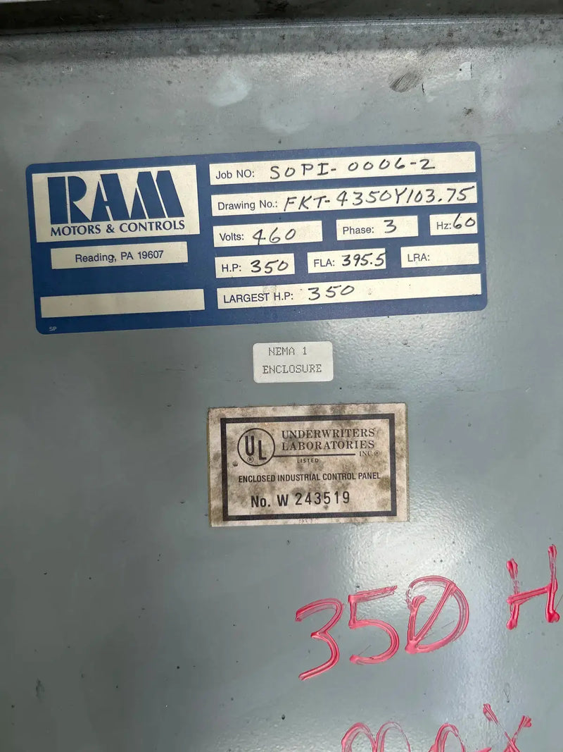 Ram Industries Screw Compressor Motor Starter (350 HP, 460 Volts, 60 Hz)