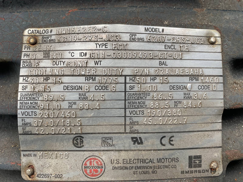 U.S Electrical Motor (15 HP, 1775 RPM, 460/230 V)
