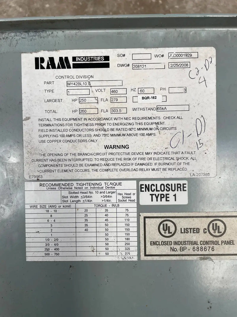 Ram Industries Screw Compressor Motor Starter ( 250 HP, 460 Volts, 60 Hz )