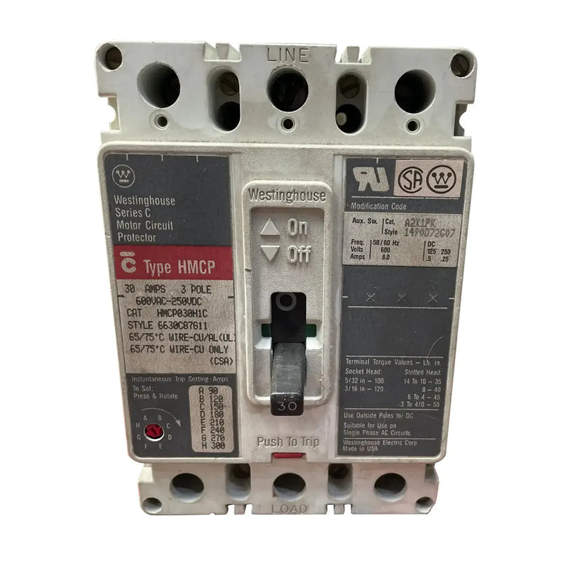 Protector de circuito de motor Westinghouse HMCP030H1 Serie C (30 amperios, 3 polos, 600 VCA-250 VCC)
