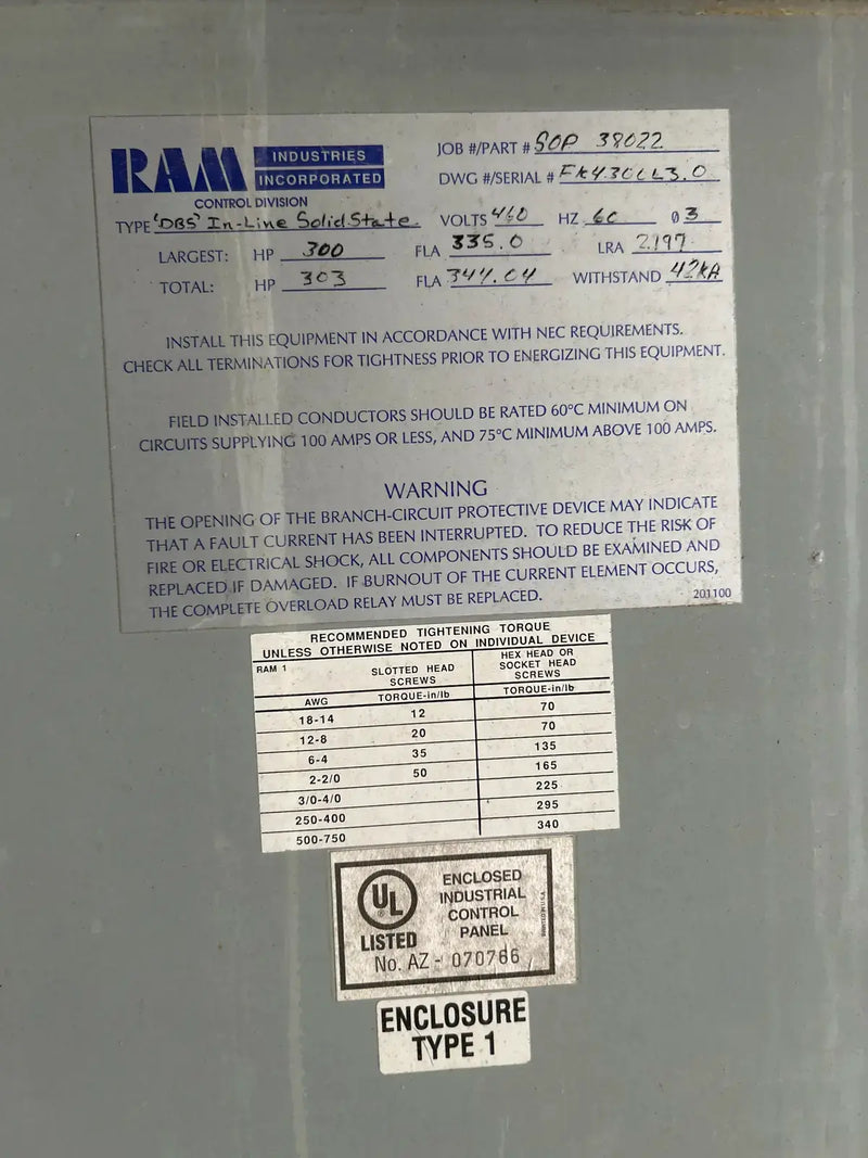 Ram Industries Screw Compressor Motor Starter (300 HP, 460 Volts, 60 Hz)