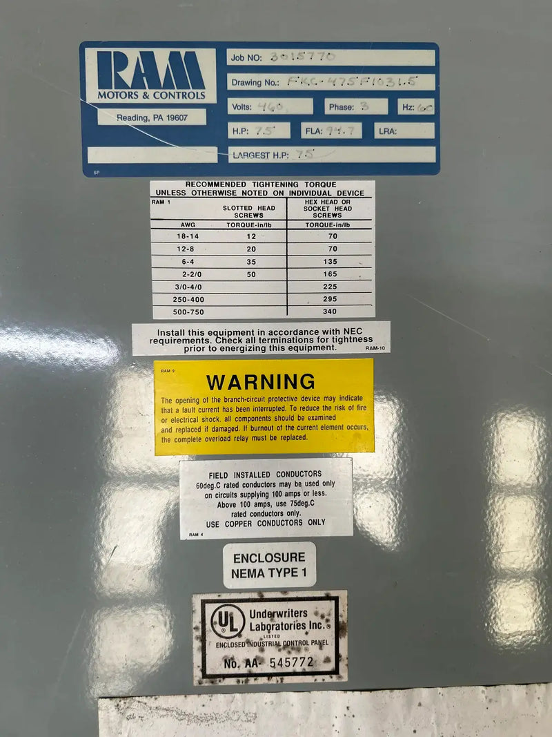 Ram Industries Screw Compressor Motor Starter (75 HP, 460 Volts, 60 Hz)