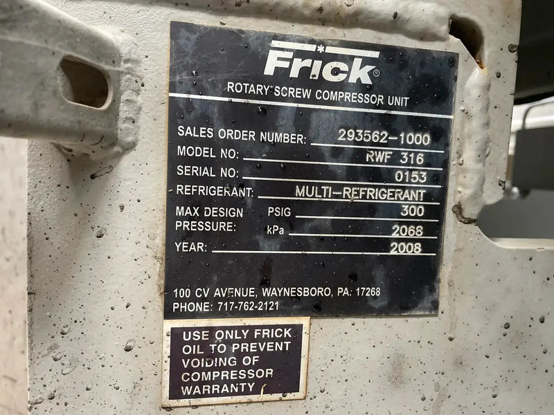 Paquete de compresor de tornillo rotativo Frick RWF-316 (Frick SGC2813, 800 HP, 4160 V, panel de control Frick HD Quantum)
