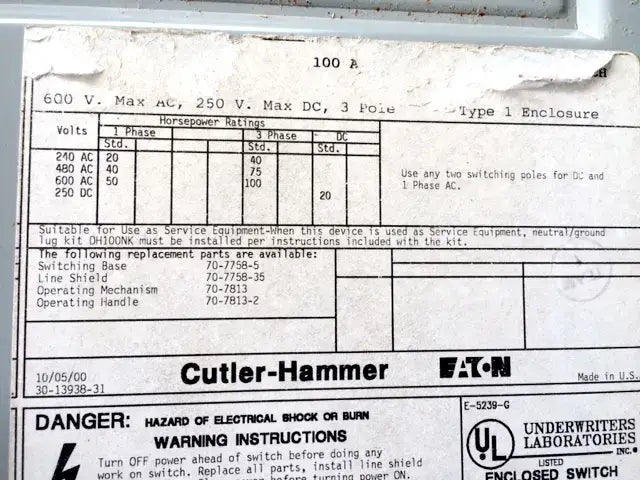 Cutler-Hammer / Eaton Heavy Duty Safety Switch - 100 Amp