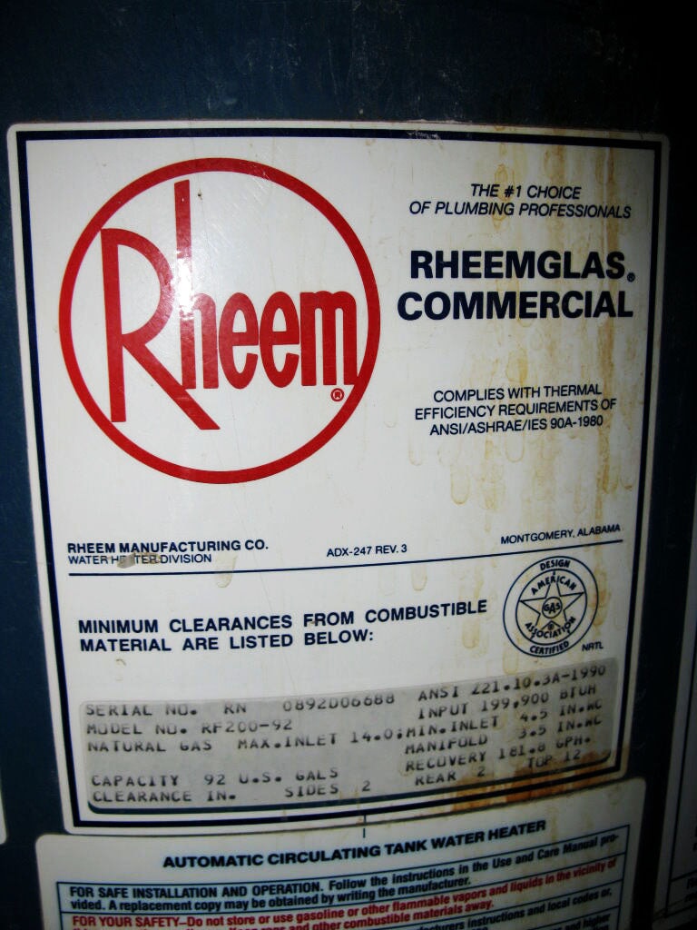 1992 Rheem Manufacturing Co. Rheemglas® Commercial Hot Water Heater – 199,900 BTUH Rheem Manufacturing Co. 