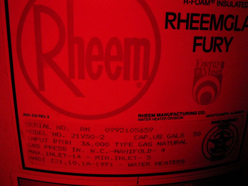 1992 Rheem Manufacturing Co. Rheemglas® Fury Hot Water Heater - 36,000 BTUH Rheem Manufacturing Co. 