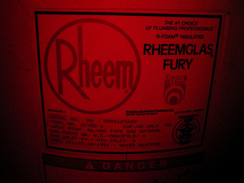 1992 Rheem Manufacturing Co. Rheemglas® Fury Hot Water Heater - 36,000 BTUH Rheem Manufacturing Co. 
