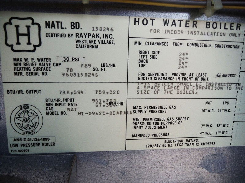 1996 Raypak Raytherm Indoor Hydronic Boiler – 66 HP Raypak 