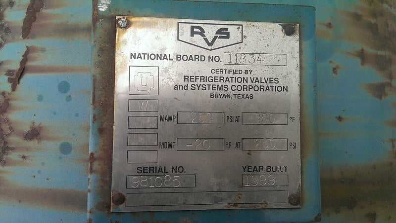 1999 RVS Vertical Ammonia Receiver - 500 gallons RVS 