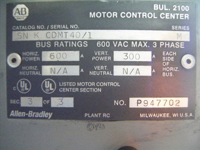 2003 Allen Bradley Motor Control Center Allen-Bradley 